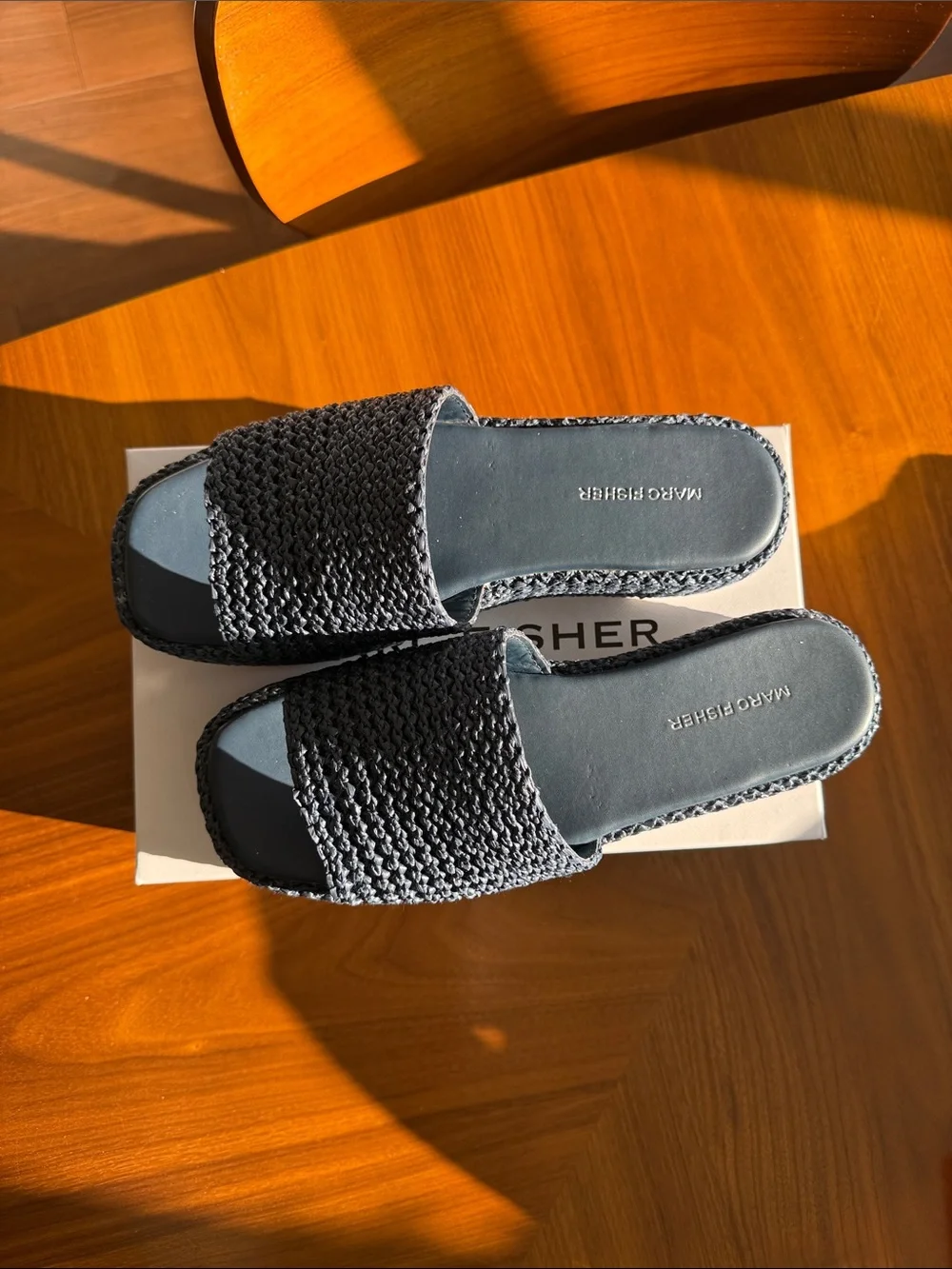Marc Fisher Dark Blue Woven Platform Slide Sandals